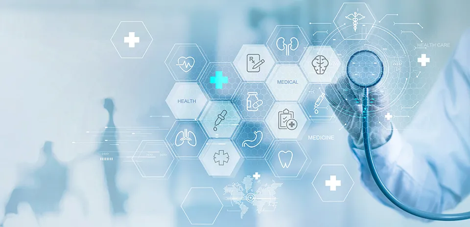 The hand health care worker in a white jacket holds a stethoscope up in front of transparent health care icons.