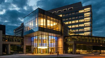 The Albert Sherman Center on UMass Memorial Health's University Campus, at dusk with lights on.